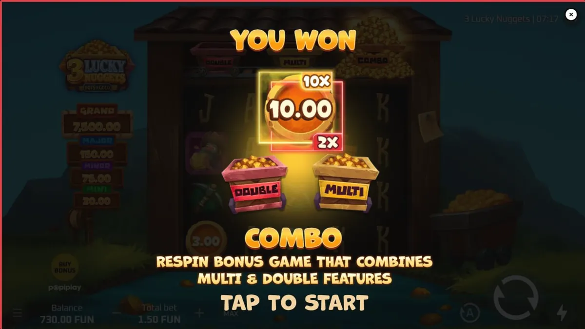 Tampilan visual slot 3 Lucky Nuggets dengan tema pertambangan emas