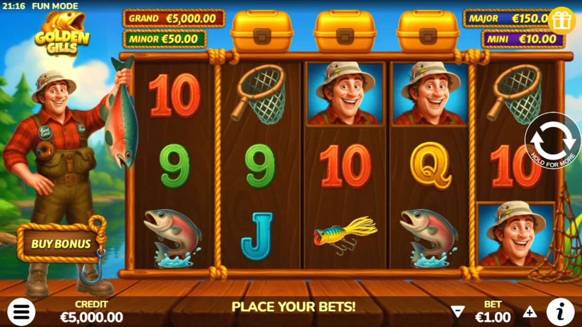 Tampilan visual slot Golden Gills dengan tema danau yang tenang dan peralatan memancing.
